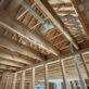 Clean PVC DWV pipe rough-in with aligned manufacturer lettering running through wooden roof trusses.