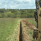 Wide field view of completed underground water line backfill and livestock watering station.