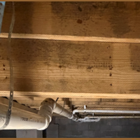 Screenshot 2026 07 25 070241 Properly sloped and strapped Cellular Core PVC main waste line running along floor joists in a crawlspace.